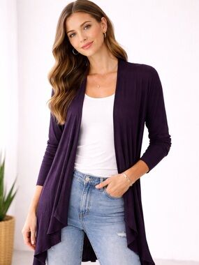 Bali Purple Open Front Drape Cardigan Lightweight Long Sleeve Hi Low Hem